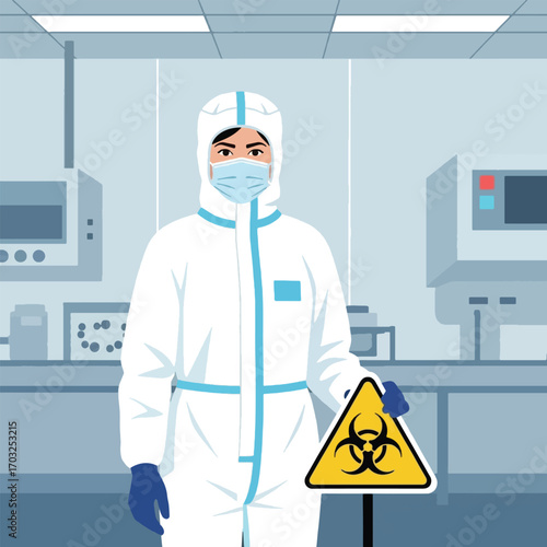 A scientist in a full hazmat suit and mask holds a biohazard warning sign in a laboratory setting.