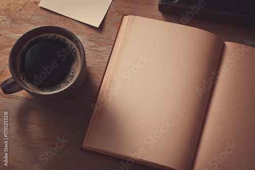 Open book, coffee cup, wooden table