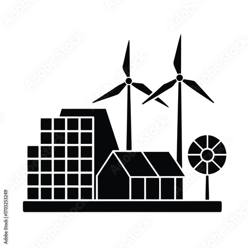 Wind turbines and solar panels beside recycling plant vector line art on white background