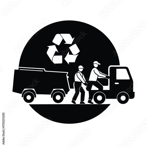 Workers carrying recyclable waste into trucks at facility vector line art on white background