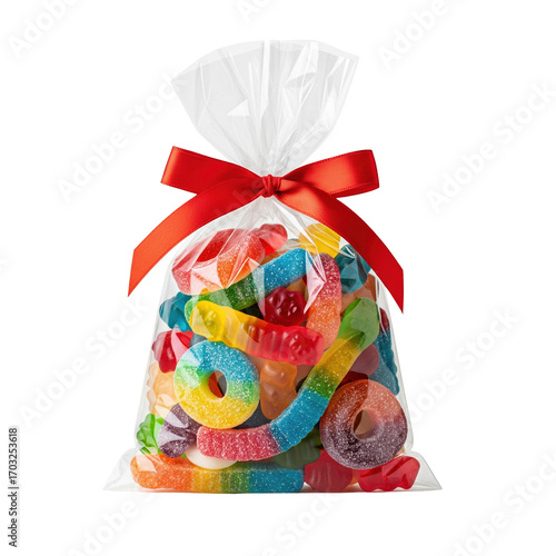 A clear plastic bag filled with a vibrant assortment of gummy candies, tied with a festive red ribbon, perfect for a sweet treat or gift.