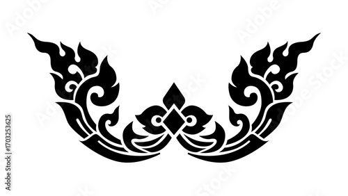 Traditional Thai Kanok Art Ornament, Symmetrical Wing or Corner Element for Tattoo and Logo Design