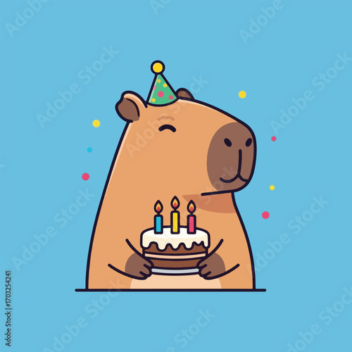 A cute cartoon capybara wearing a party hat holds a birthday cake with three lit candles.