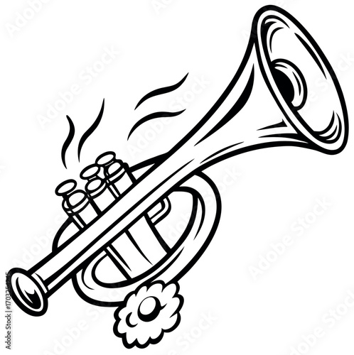 A golden cartoon trumpet vector illustration symbolizing a jazz concert with a musical instrument design