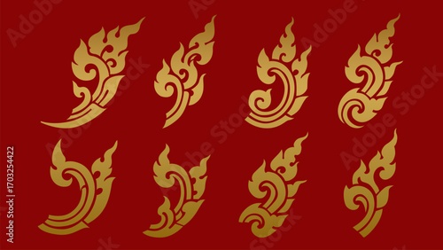 Set of Golden Thai Kanok Art Elements, Luxury Traditional Flame Flourish and Swirl Ornaments Vector
