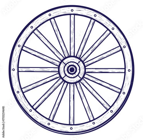 Detailed engraved illustration of a wooden wagon wheel isolated on a clean white background