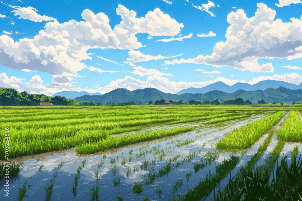 Fototapeta premium Lush green rice field landscape rural area digital art vibrant environment aerial view agricultural beauty