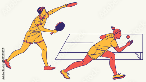 Dynamic illustration of male and female table tennis players in action.