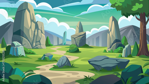 Vector art of a serene cartoon landscape featuring towering rock formations, lush green meadows, and a winding path under a bright, partly cloudy sky, creating a peaceful scene