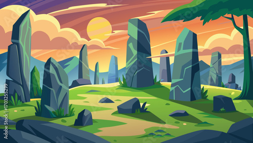 Vector art of a vibrant cartoon landscape at sunset, showcasing striking rock formations, a winding path, and warm colors painting the sky, evoking a sense of adventure