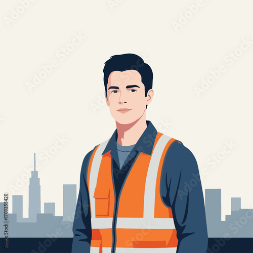 Portrait of a young man in a safety vest against a city skyline.