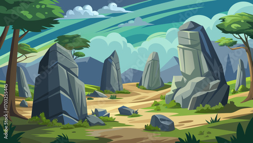 Vector art of cartoon landscape featuring ancient standing stones under a bright sky, evoking a sense of mystery and adventure, ideal for fantasy or historical settings