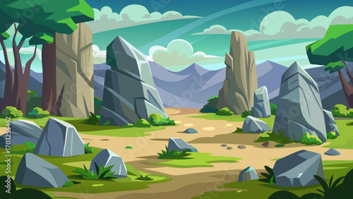 Vector art of cartoon landscape with ancient standing stones under a clear sky, creating a peaceful and scenic view, perfect for fantasy or historical themed designs