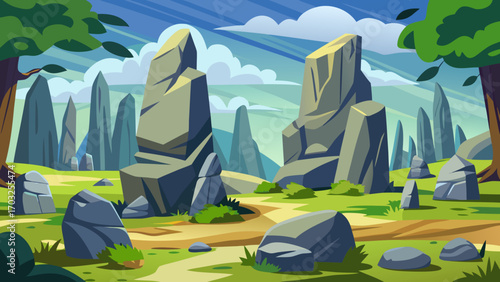 Vector art of majestic menhirs stand tall in a lush green field, creating a captivating landscape with scattered rocks and trees under a cloudy sky
