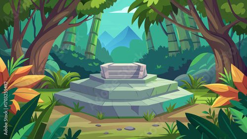 Vector art of cartoon jungle landscape with stone altar in tropical forest, vector illustration of ancient temple in rainforest with green trees and plants