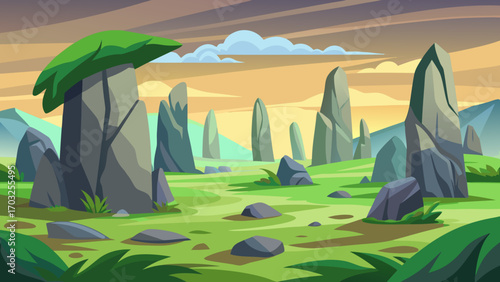 Vector art of cartoon stone age landscape with megaliths on green meadow under cloudy sky, vector illustration of ancient stones in nature background