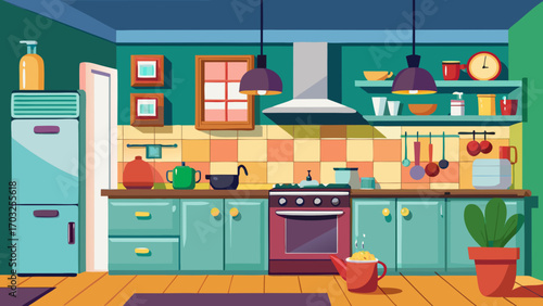 Vector art of cozy kitchen interior with vintageinspired furniture and decor, creating a warm and inviting atmosphere for culinary adventures and family gatherings