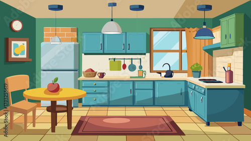 Vector art of spacious kitchen interior with modern design, featuring sleek cabinets, stainless steel appliances, and a dining area for a comfortable cooking experience