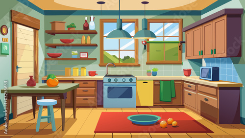 Vector art of cozy cartoon kitchen interior with wooden furniture, stove, table, and window, creating a warm and inviting atmosphere for cooking and dining