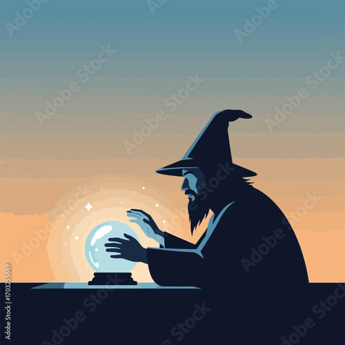 Silhouette of a mystical wizard with a pointed hat and long beard gazing into a glowing crystal ball.