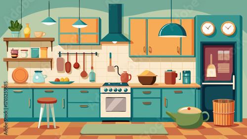 Vector art of vibrant cartoon kitchen interior featuring colorful cabinets, appliances, and decor, creating a lively and functional space for culinary activities