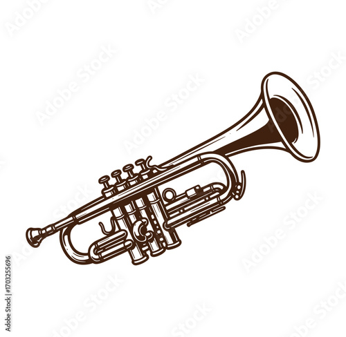 Detailed illustration of a classic brass trumpet instrument in elegant brown outline