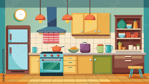 Vector art of colorful cartoon kitchen interior with appliances, cabinets, and decor, creating a cheerful and functional space for cooking and meal preparation