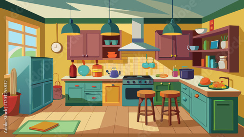 Vector art of a colorful kitchen interior with various appliances, cabinets, and utensils, creating a vibrant and inviting space for cooking and dining