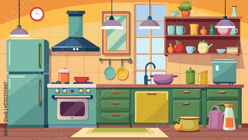 Vector art of colorful kitchen interior with modern appliances, stylish furniture, and decorative elements, creating a vibrant and functional space for culinary activities