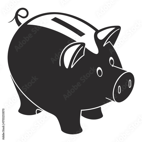 Stylized black and white piggy bank illustration with a coin slot.