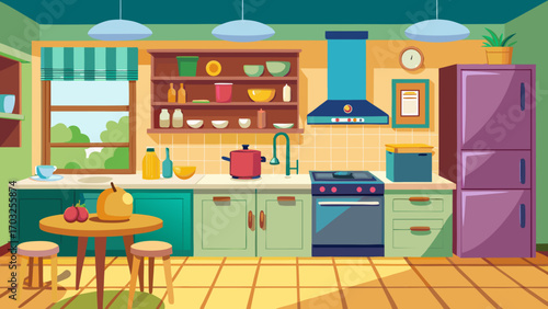 Vector art of a cozy kitchen interior with a dining table, appliances, and decor, creating a warm and inviting space for cooking and enjoying meals