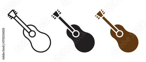 Acoustic guitar icon set. isolated on white background in three different styles.