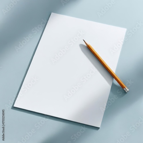 Blank Paper with Pencil on Light Blue Background