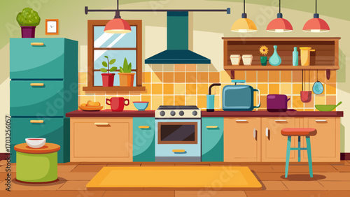 Vector art of cartoon kitchen interior with blue cabinets, appliances, and decor, creating a vibrant and functional space in a colorful illustration