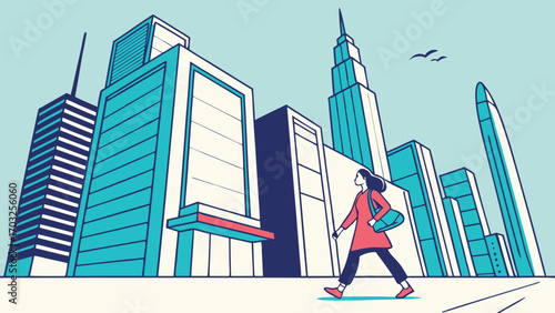 Woman Walking in Cityscape Illustration.