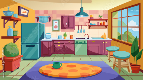 Vector art of colorful kitchen interior with cabinets, appliances, and dining area, creating a vibrant and functional space for cooking and enjoying meals at home