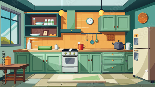 Vector art of retro kitchen interior with green cabinets, vintage appliances, and cozy decor, creating a nostalgic and functional space for cooking and dining