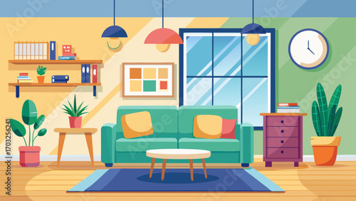 Vector art of cozy living room interior with sofa, plants, and decor, creating a comfortable and inviting space for relaxation and leisure activities at home