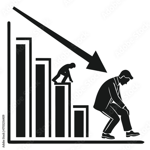 Businessman Struggling with Decreasing Graph.