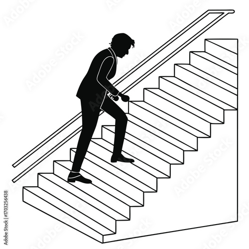 Man in suit climbing stairs with determination and focus.