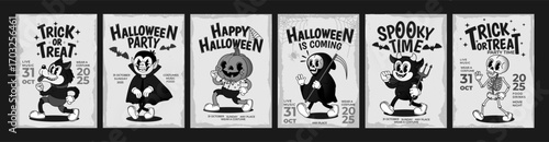 Retro Halloween poster. Holiday party invitation. Vintage card with vampire, skeleton, pumpkin, werewolf for costume event. Spooky posters template. Vector set