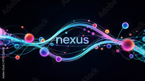 Dynamic nexus design with vibrant flowing lines, connecting spheres, and a futuristic feel for tech