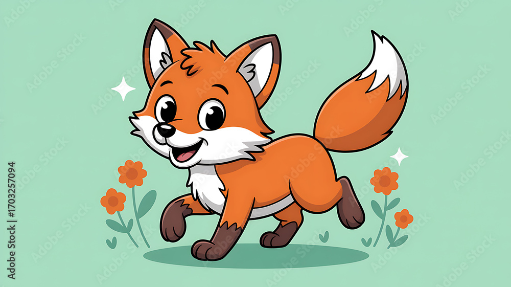 Fototapeta premium A playful cartoon fox running happily in a winter setting.