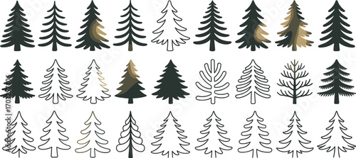 A collection of twenty stylized pine tree illustrations, minimal Christmas tree silhouettes and outlines, perfect for stickers, crafts, cards, and prints