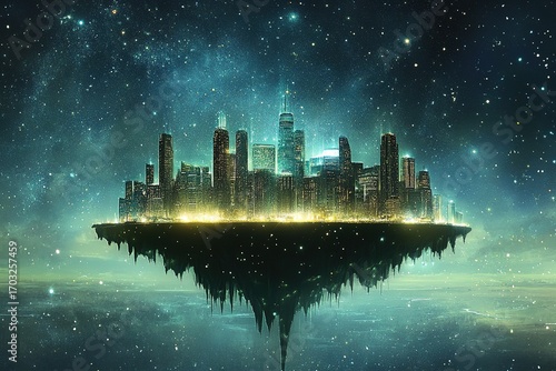 surreal dreams of a city floating above a glowing ocean of stars