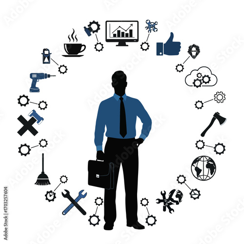 Businessman with tools and icons representing business concepts