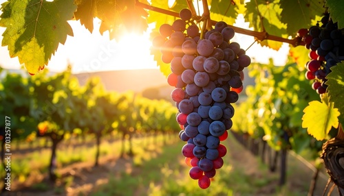 Sunlight bathes a cluster of ripe grapes in a vineyard, rows recede into the soft-focus background. Leaves & vines
