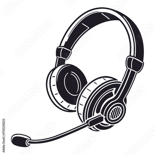 Detailed Black and White Headset Illustration with Microphone.