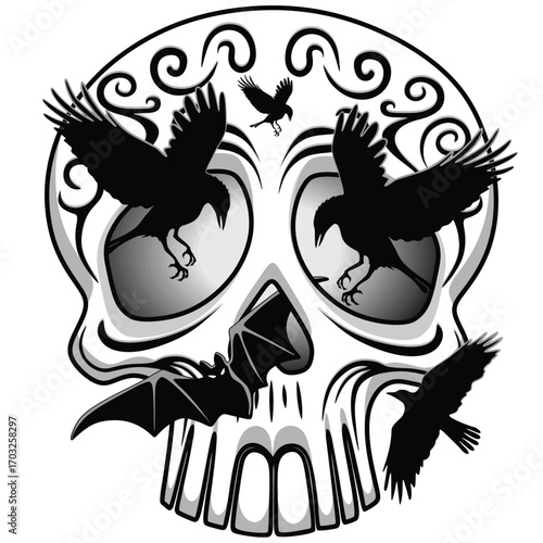 Skull Decorative Halloween or Dia De Los Muertos  Element with Crows and Bat Vector Logo Illustration isolated on white
