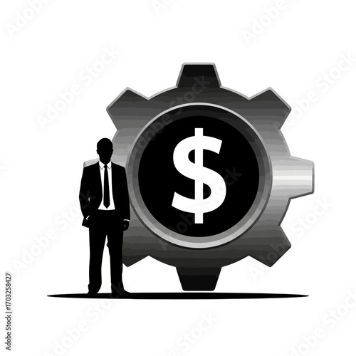 Silhouette of businessman standing next to a gear with dollar sign